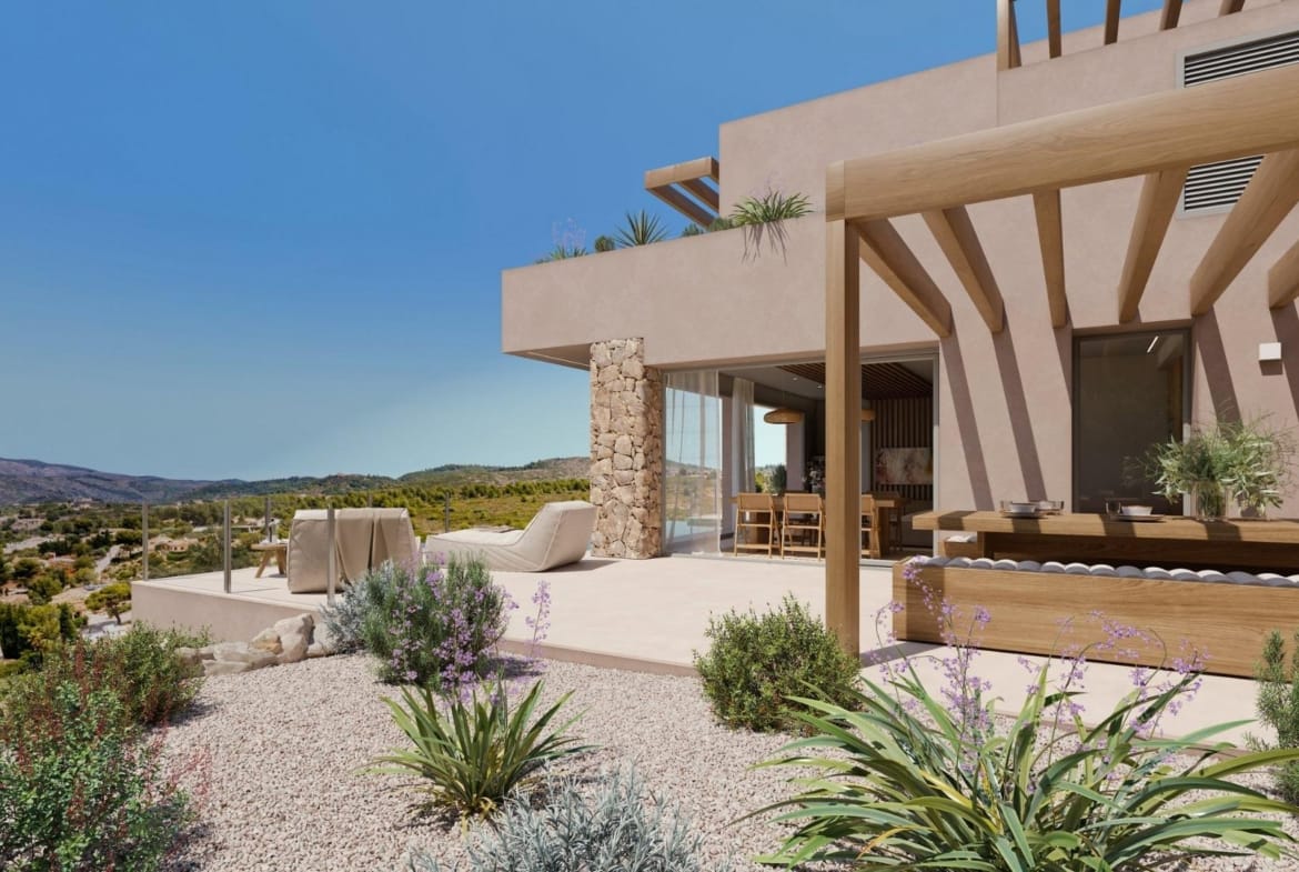 Landscaped terrace with wooden pergola and open hillside views