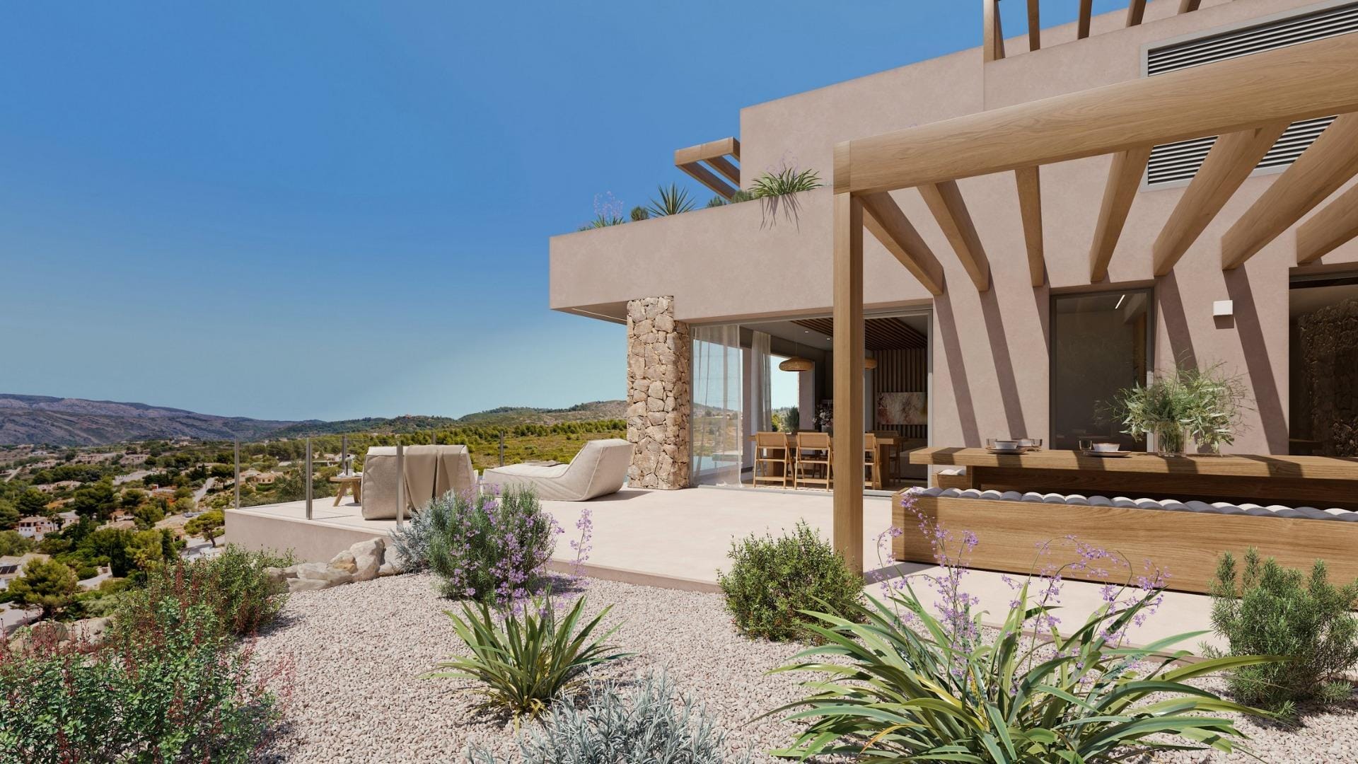 Landscaped terrace with wooden pergola and open hillside views
