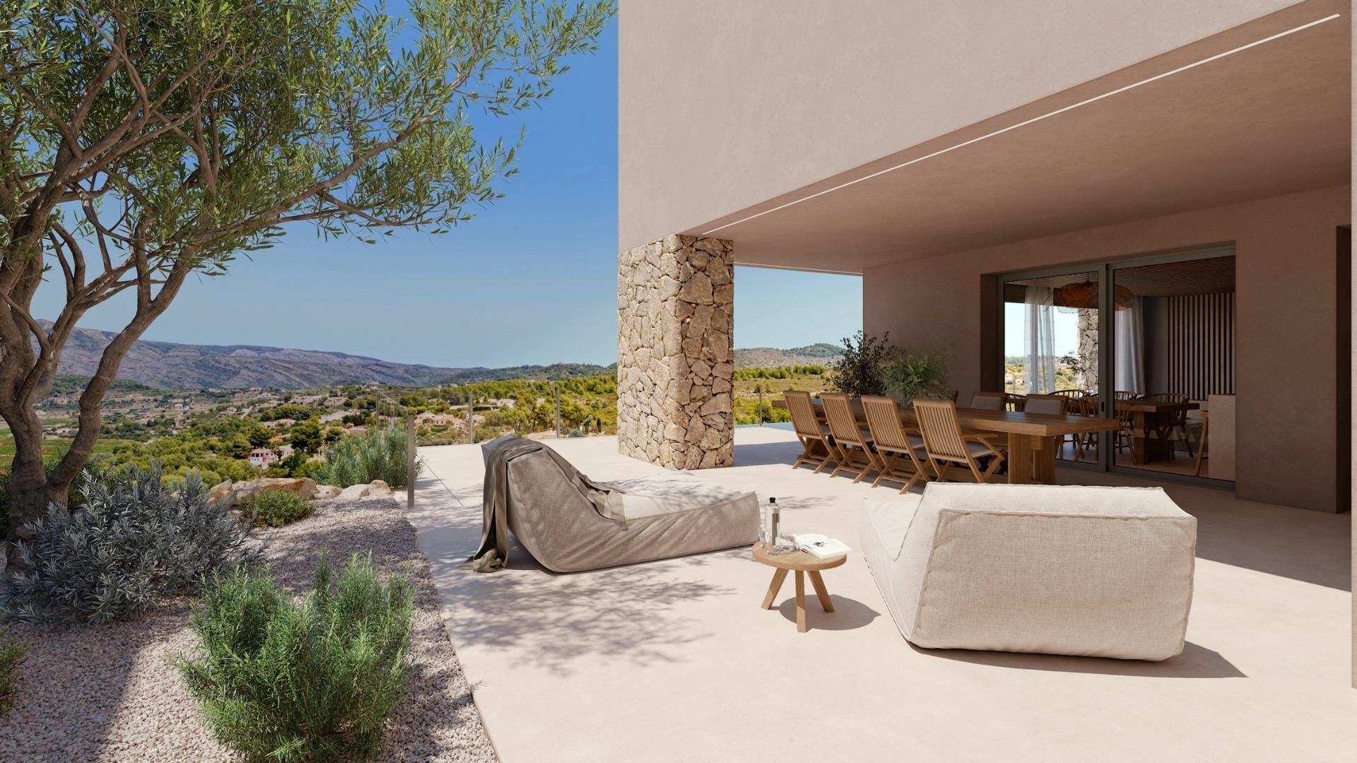 Covered outdoor lounge beside a Mediterranean garden and valley views