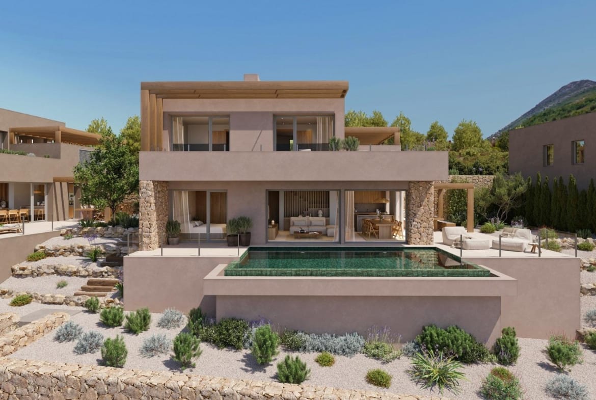 Rear exterior of a two-storey villa with private pool and terraces