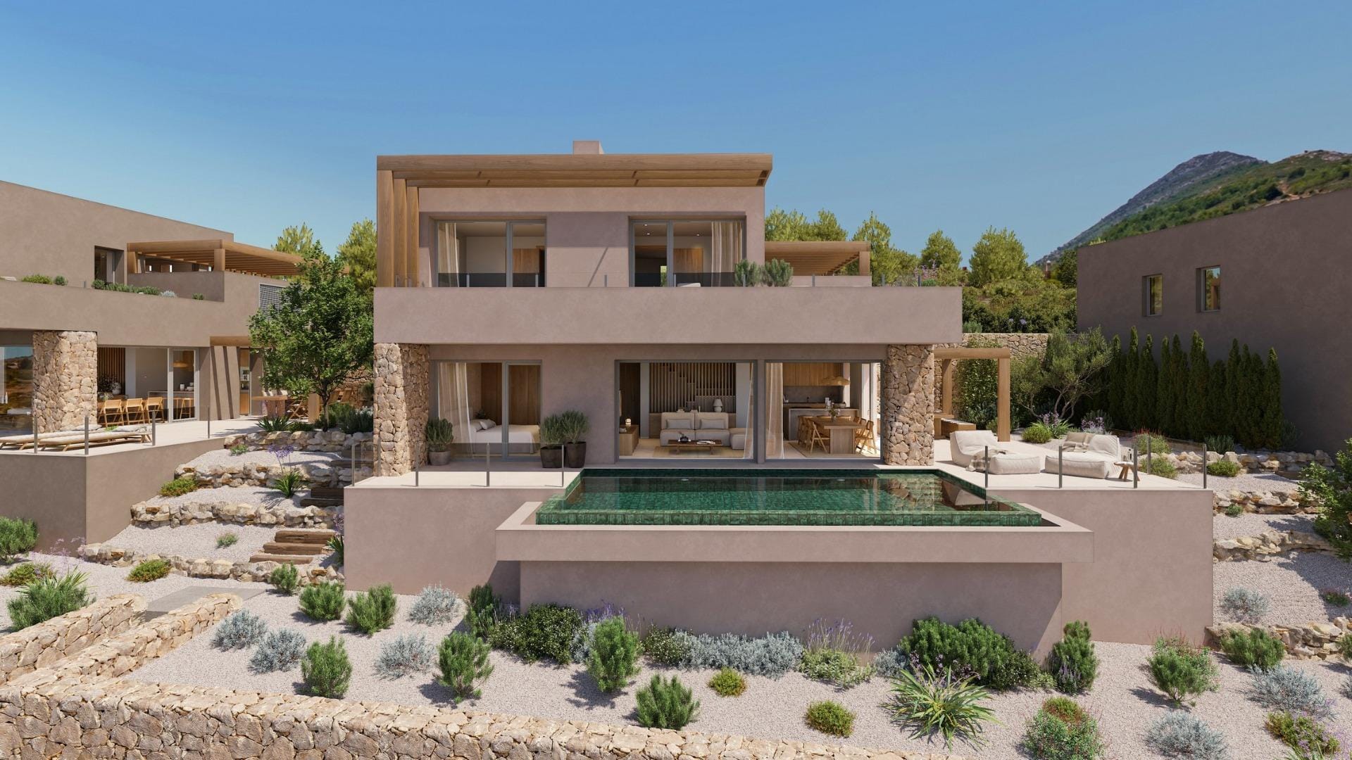 Rear exterior of a two-storey villa with private pool and terraces
