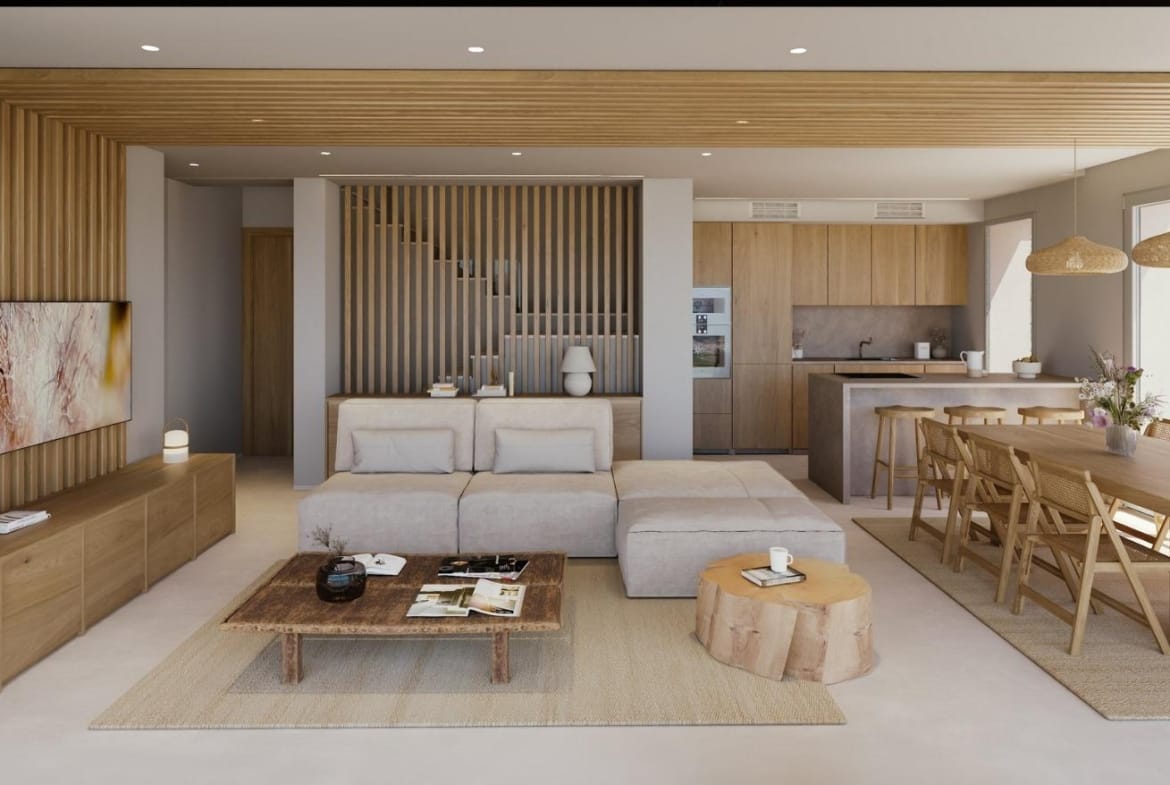 Open-plan living, dining and kitchen area with warm wood finishes
