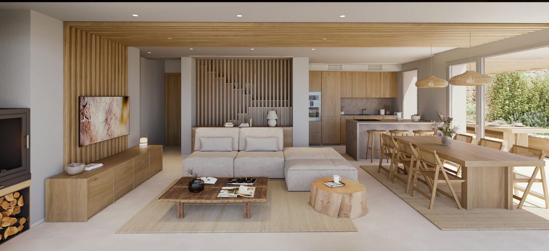 Open-plan living, dining and kitchen area with warm wood finishes