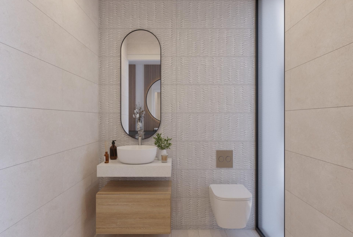 Wall-mounted vanity with two round basins, recessed shower shelf and frosted glass window