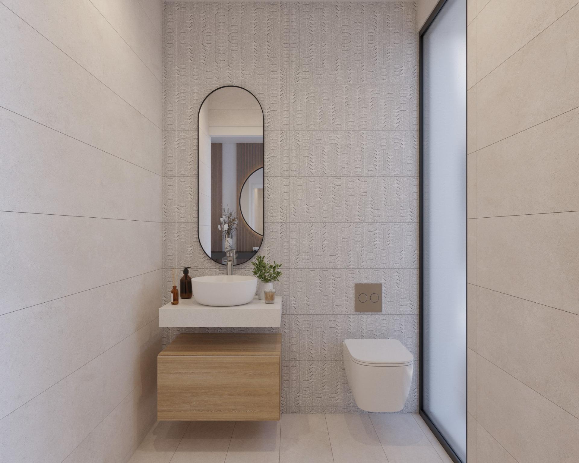 Wall-mounted vanity with two round basins, recessed shower shelf and frosted glass window