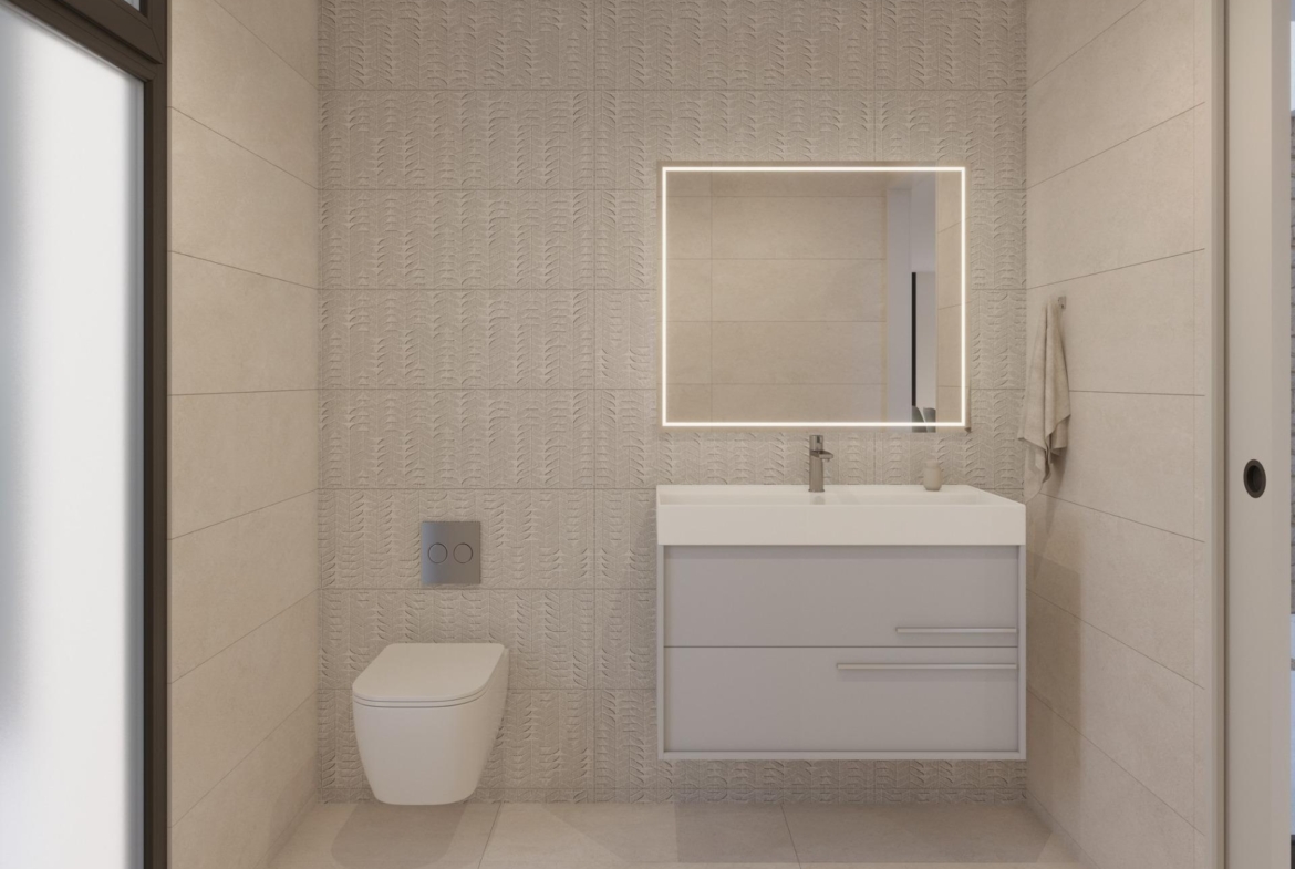 Small bathroom with illuminated square mirror, sink vanity and tiled walls