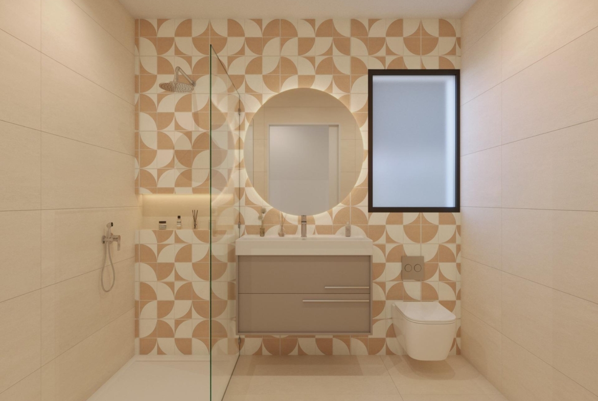 Compact bathroom with patterned feature tiles, backlit mirror and frosted window