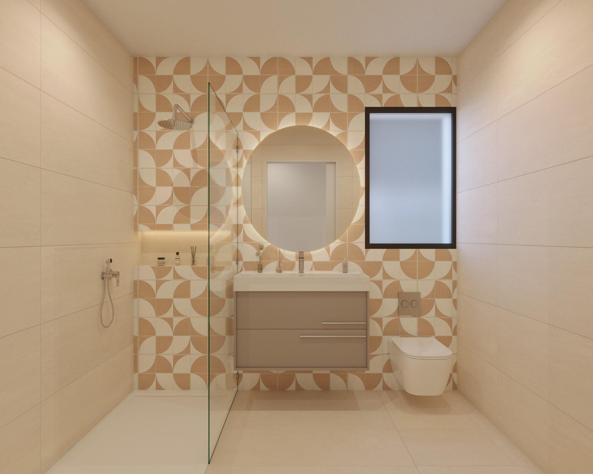 Compact bathroom with patterned feature tiles, backlit mirror and frosted window