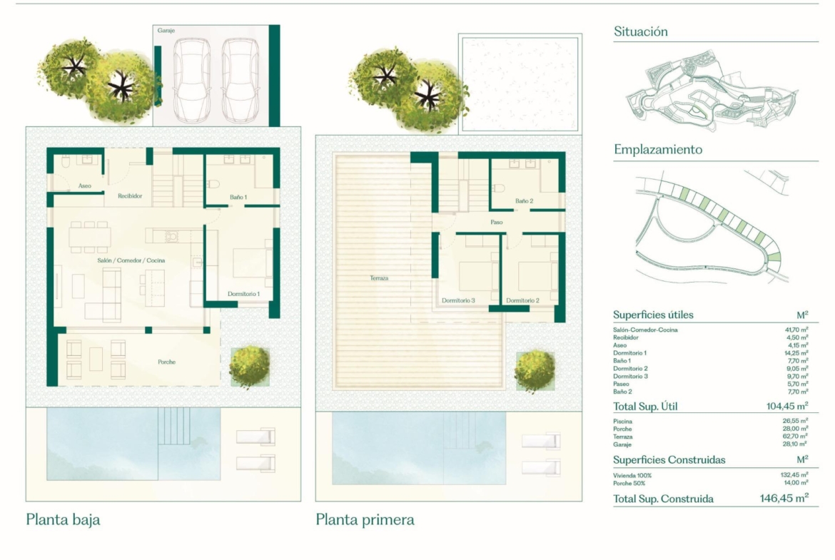 Drawn floor plans labelled Planta baja and Planta primera showing rooms, terrace and pool
