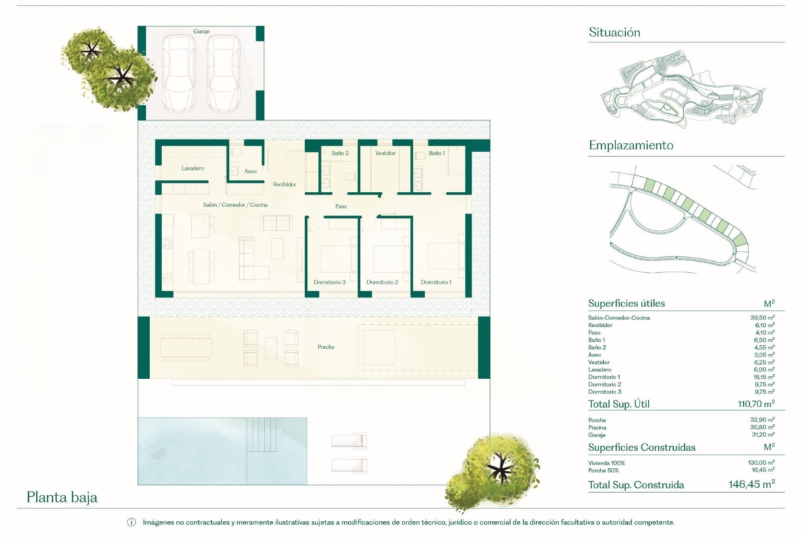 Ground floor plan drawing showing living area, three bedrooms, porche, pool and garage layout