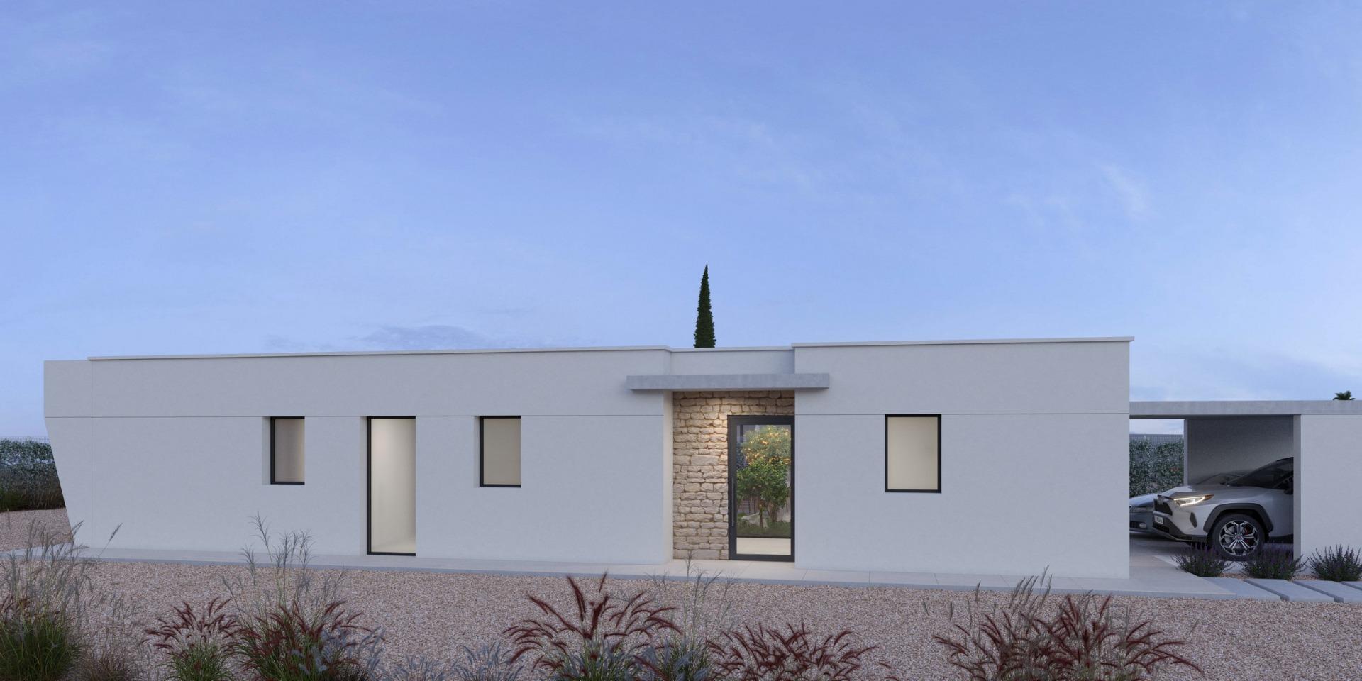 Modern single-storey villa exterior with pool, sun loungers and gravel landscaping