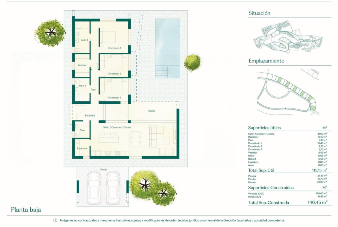 Ground floor plan of a three-bedroom villa showing living-dining-kitchen, bedrooms, bathrooms and pool