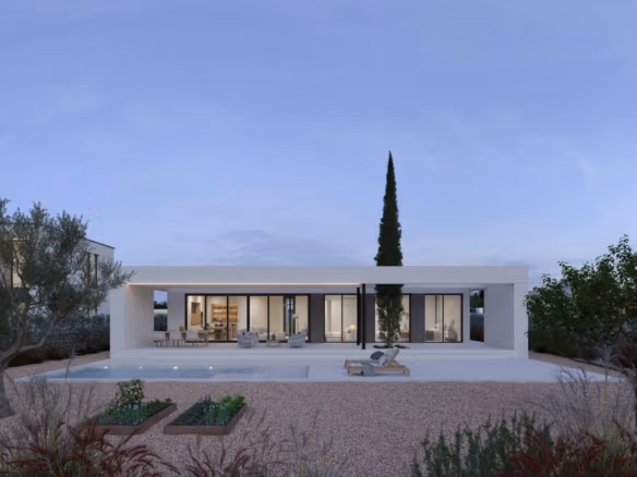 Single-storey modern villa rear with covered terrace, seating area and pool at dusk