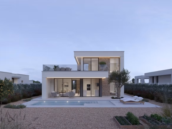 Contemporary two-storey villa exterior with glass-railed upper terrace and ground-floor pool