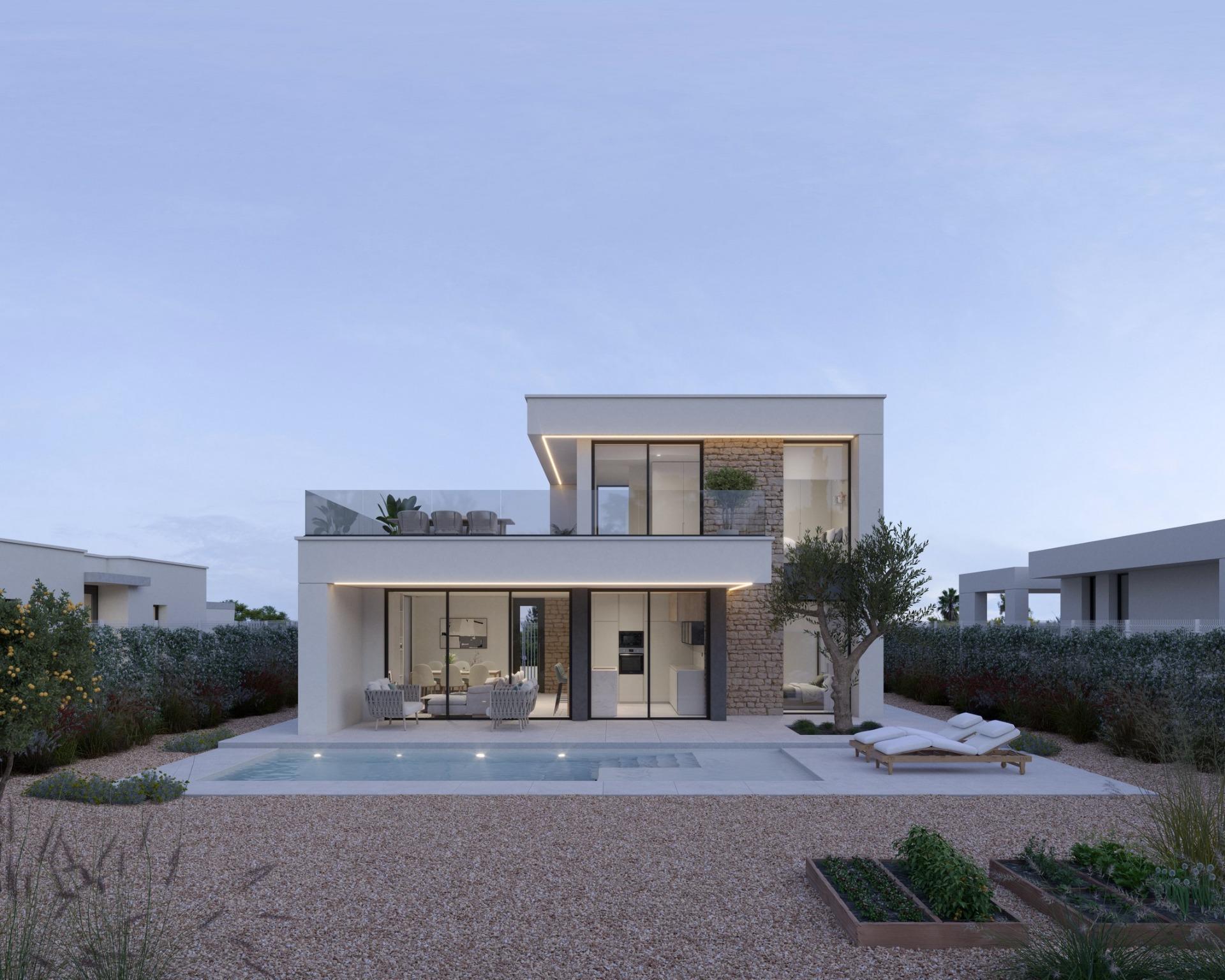 Contemporary two-storey villa exterior with glass-railed upper terrace and ground-floor pool