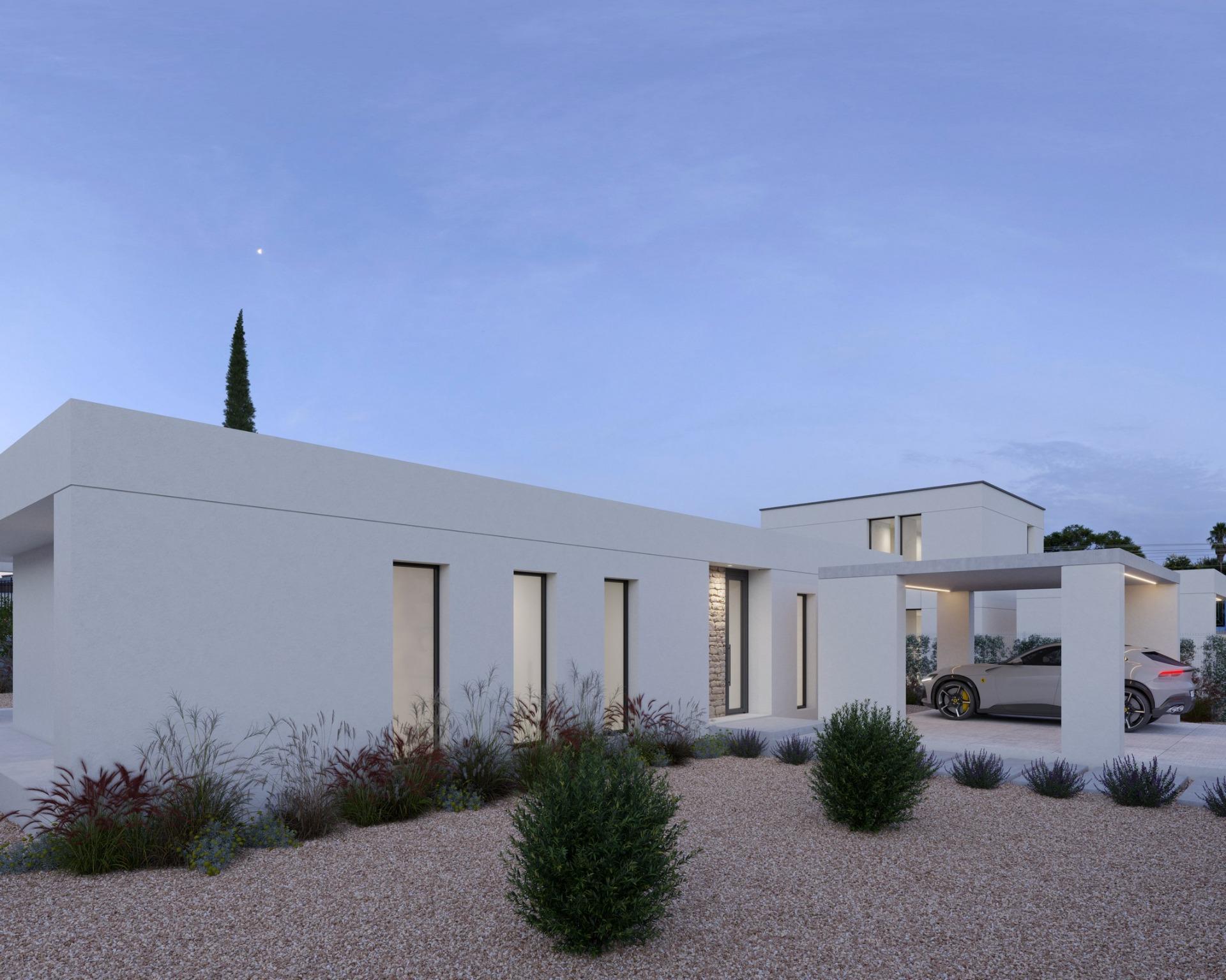 Modern villa frontage with covered carport, landscaped gravel garden and tall cypress