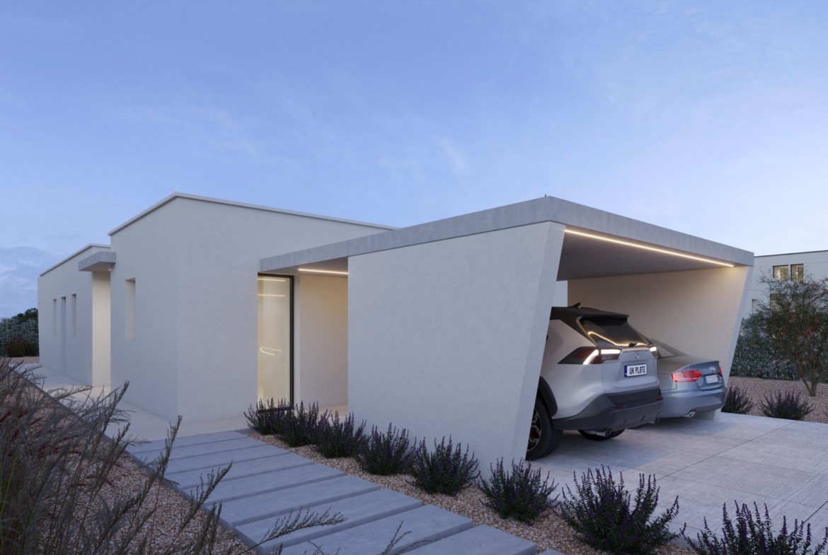White rendered villa side elevation with covered carport and two parked cars