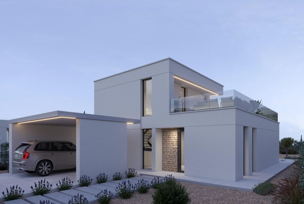 Upper-floor corner with glass balcony seating and covered carport visible below