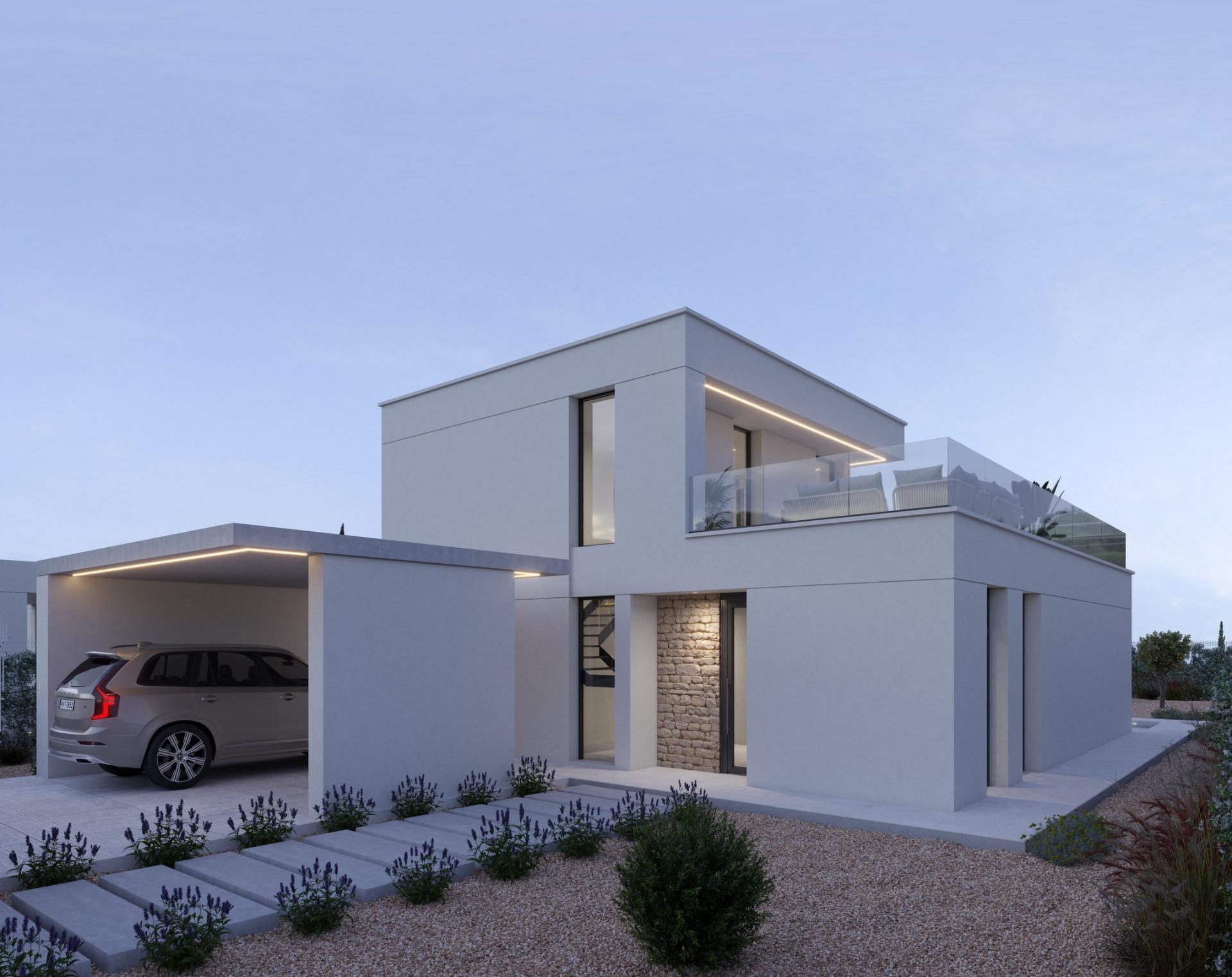 Upper-floor corner with glass balcony seating and covered carport visible below
