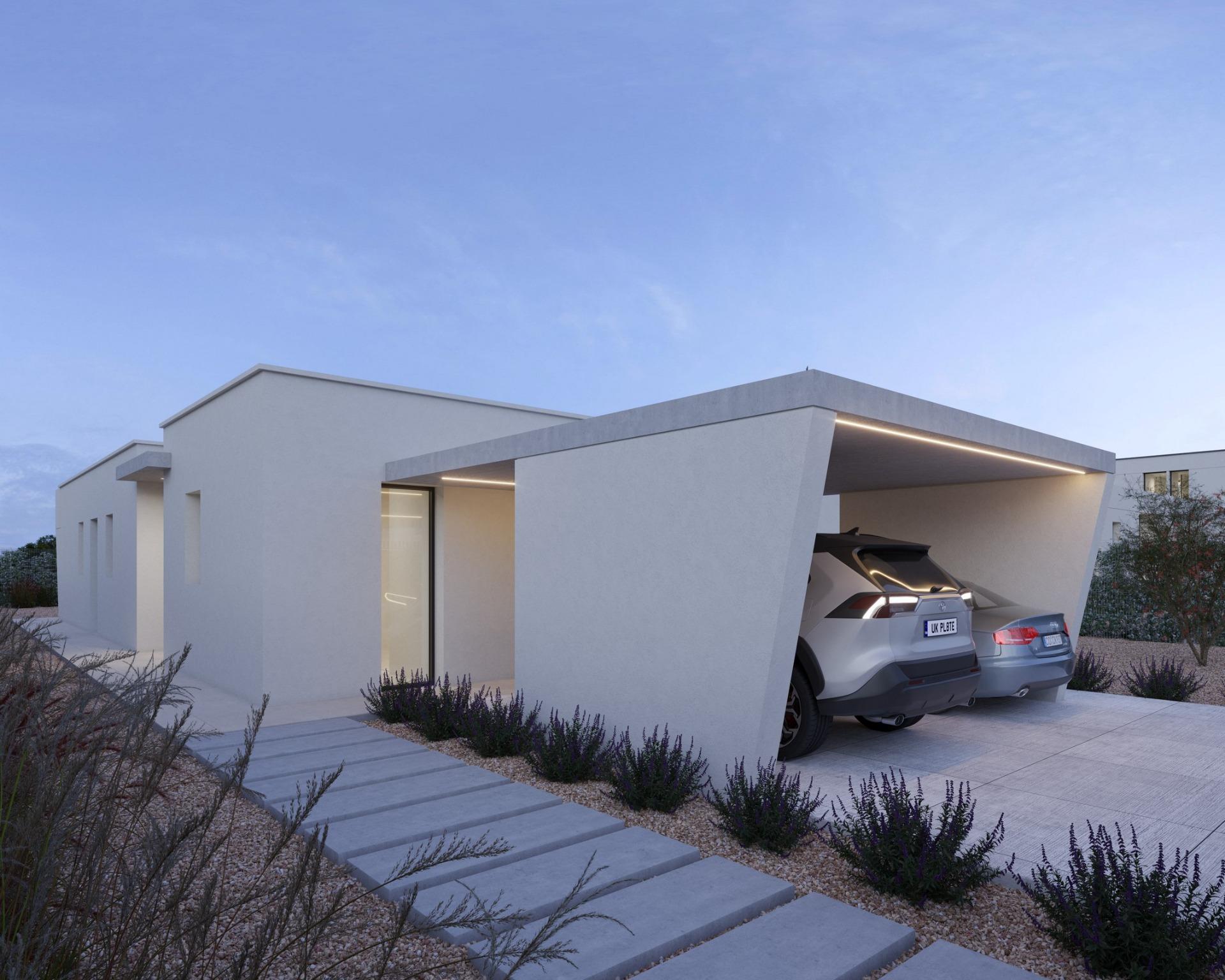 White rendered villa side elevation with covered carport and two parked cars