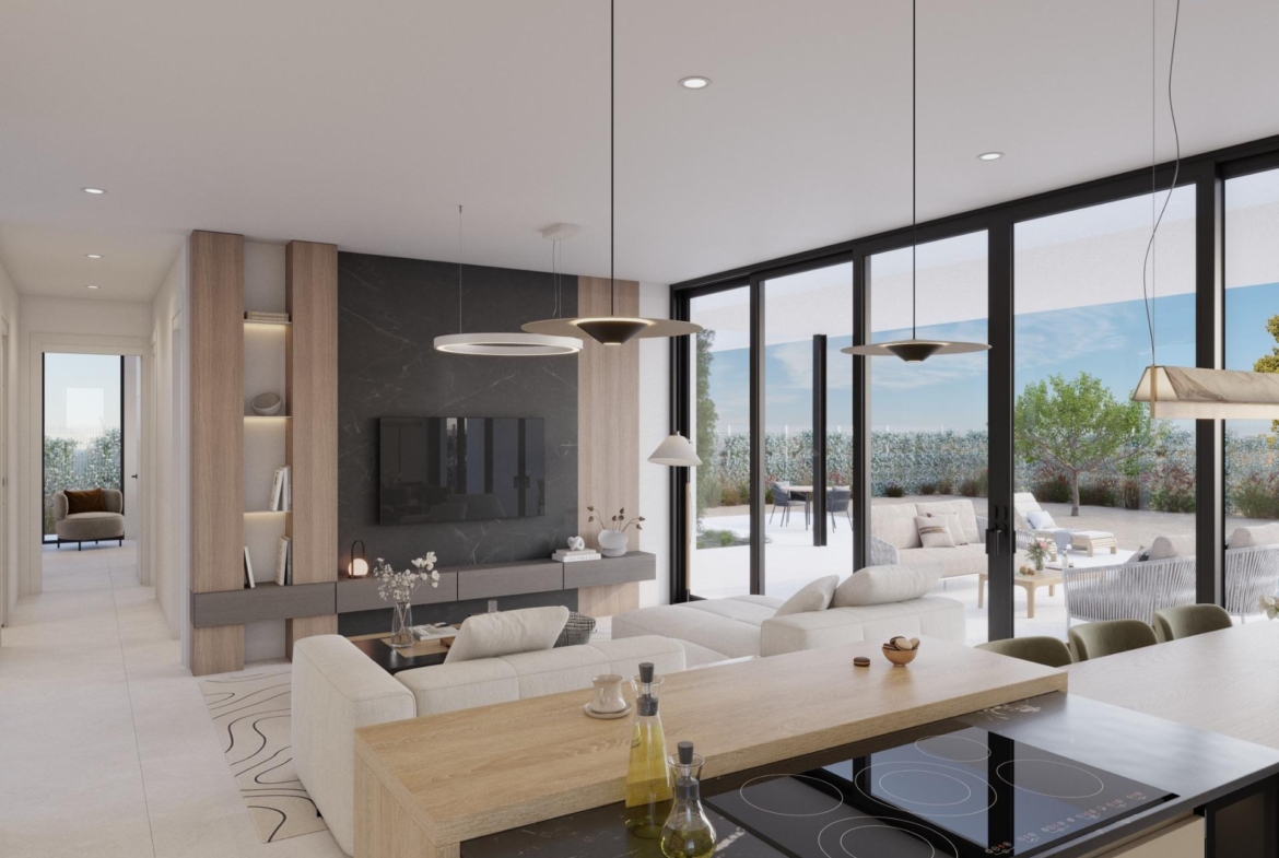 Open-plan living room with floor-to-ceiling windows looking out to the terrace