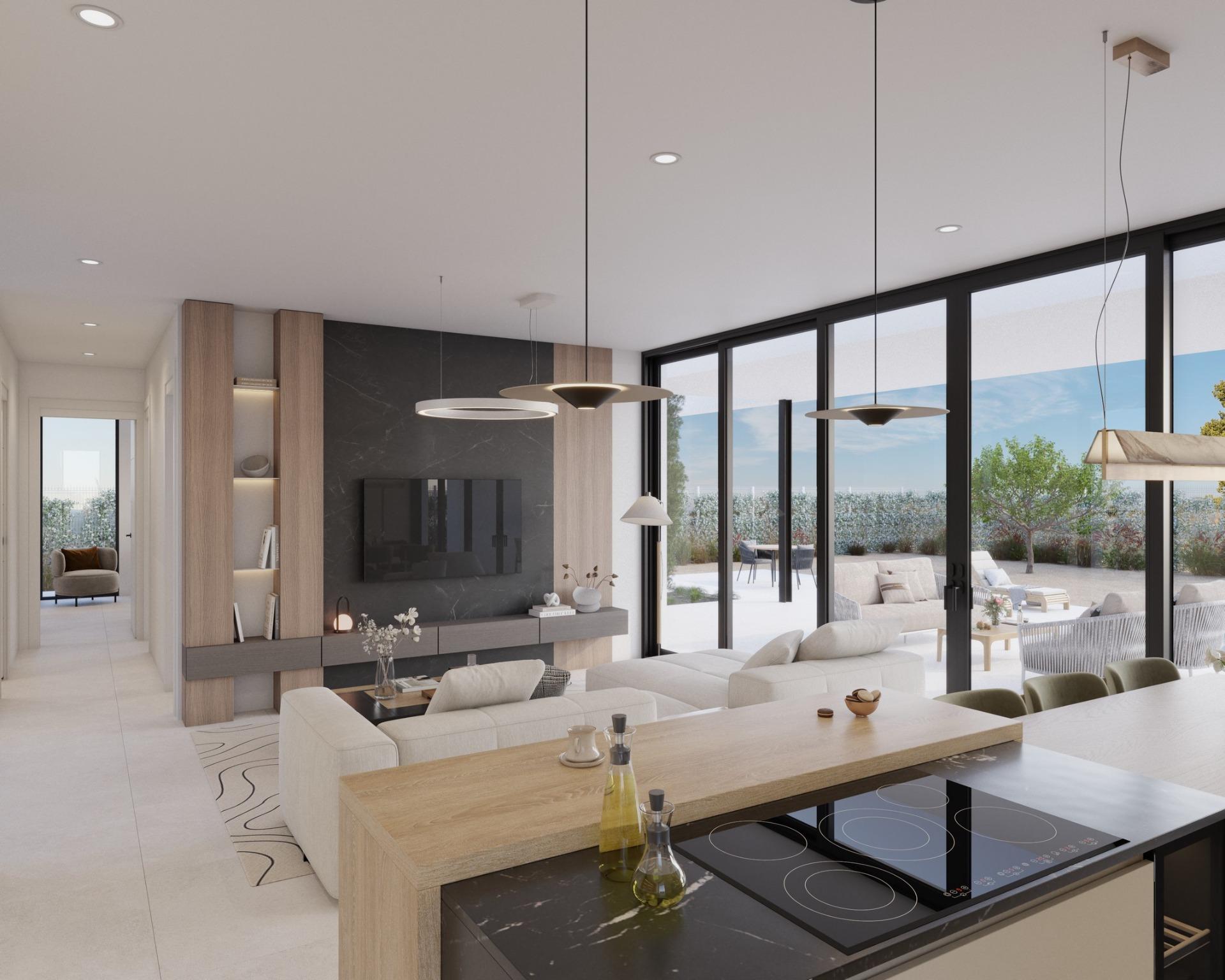 Open-plan living room with floor-to-ceiling windows looking out to the terrace