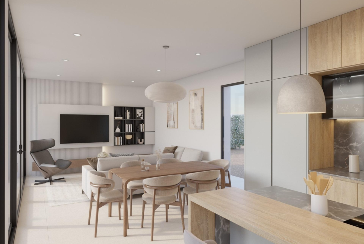 Bright open-plan living and dining area with wooden table, sofa and pendant light