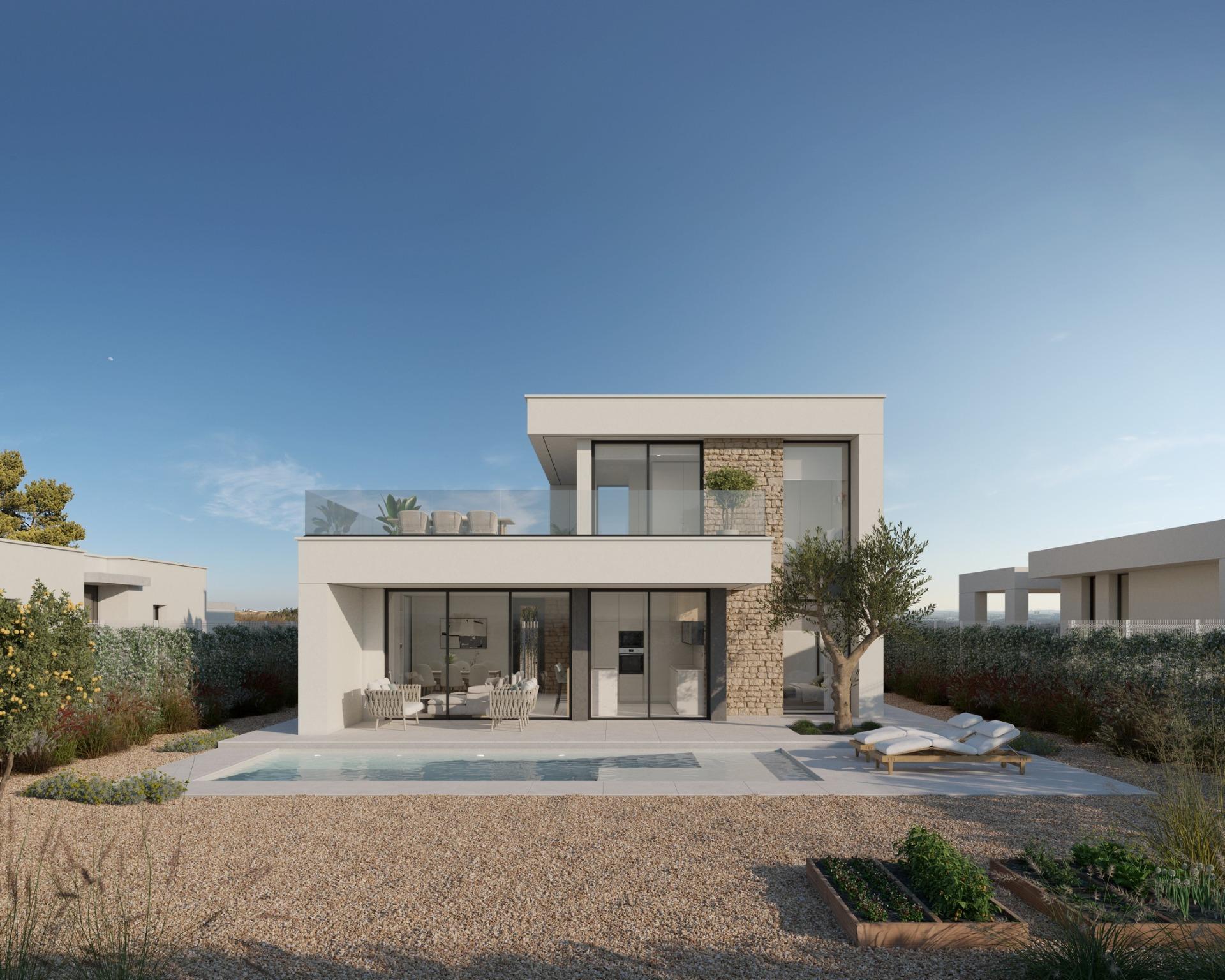 Front entrance view highlighting stone feature wall, glass doors and adjacent garage