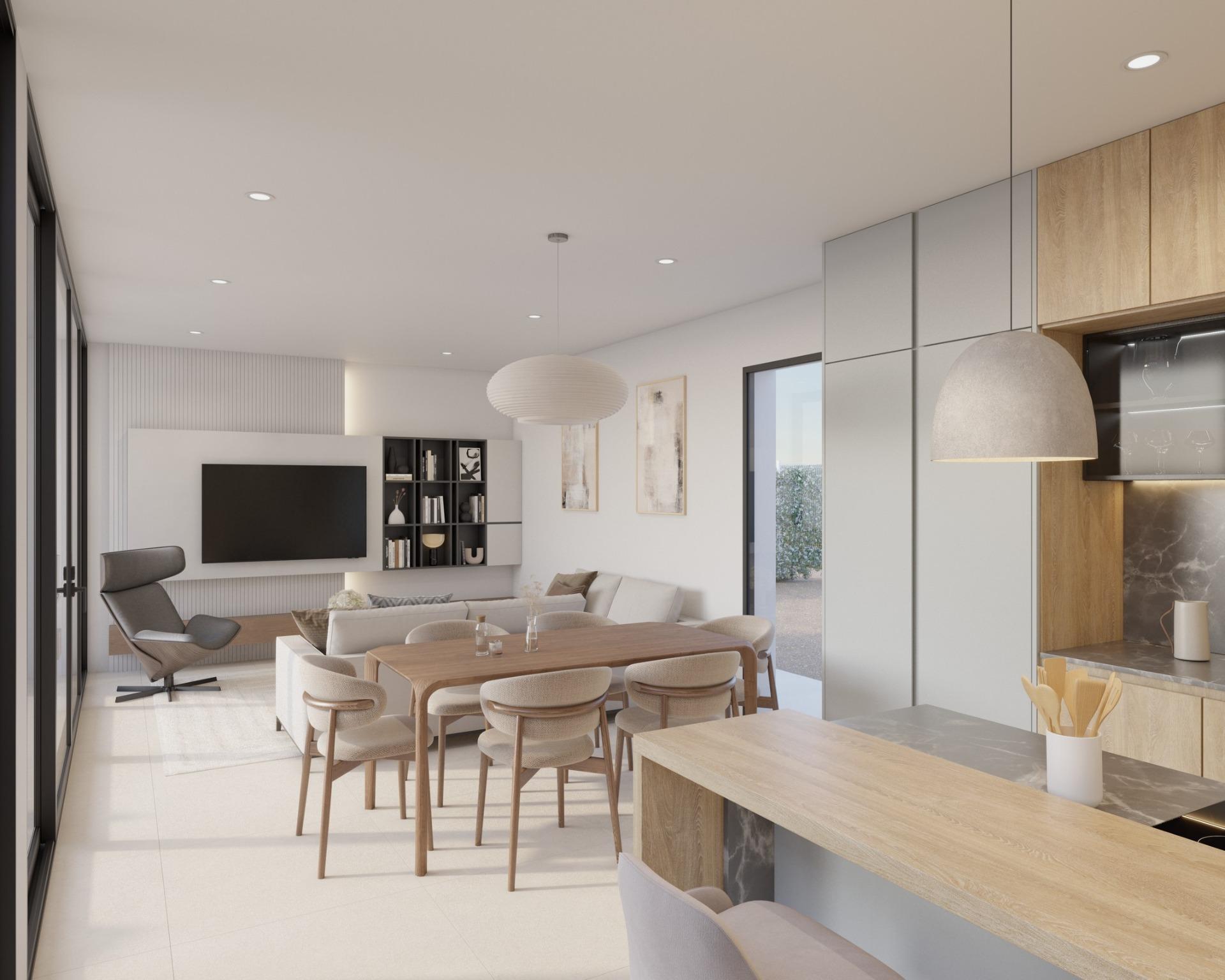 Bright open-plan living and dining area with wooden table, sofa and pendant light