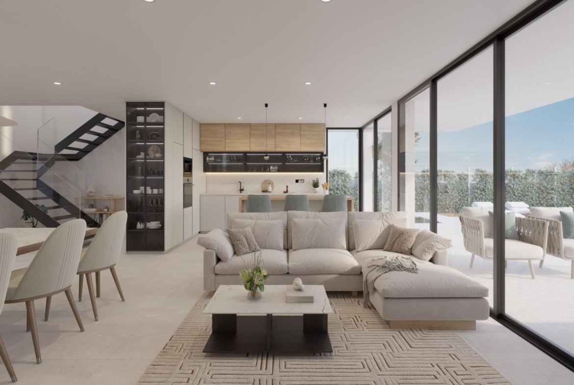 Rear facade with sliding glass doors, pool, loungers and upper terrace seating