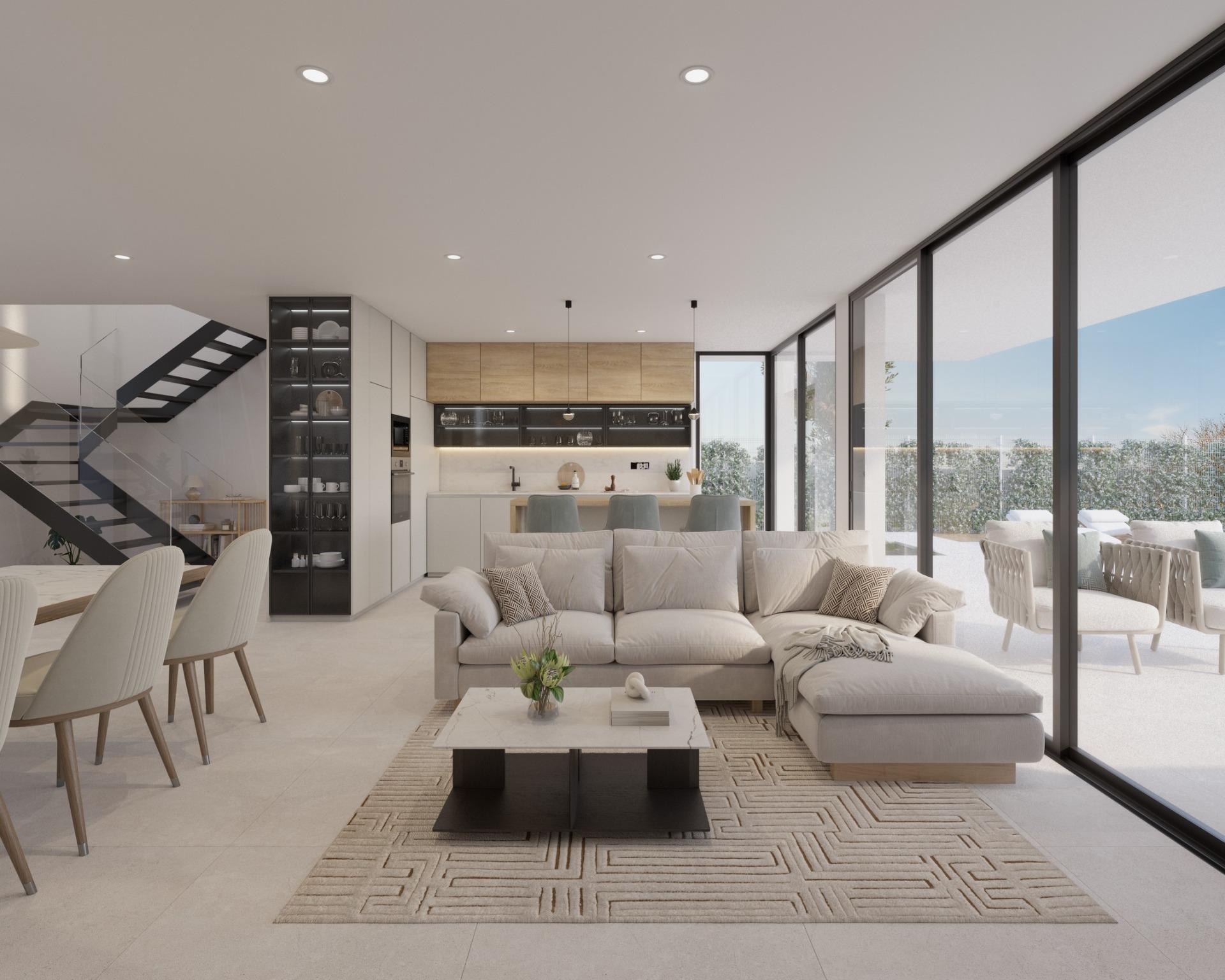 Rear facade with sliding glass doors, pool, loungers and upper terrace seating