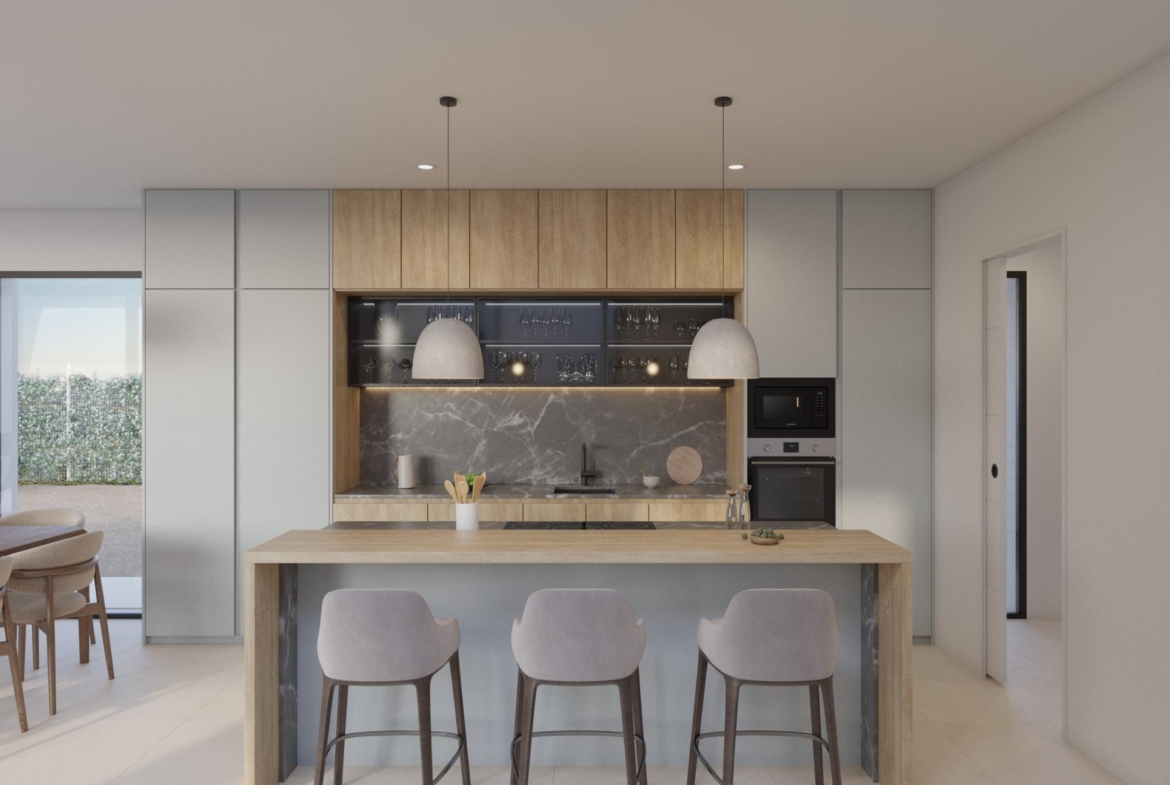 Contemporary kitchen island and breakfast bar with three stools and pendant lights