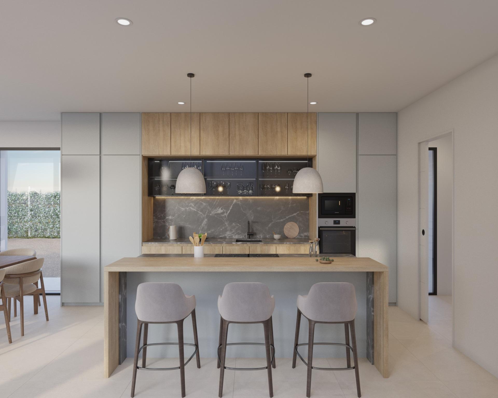 Contemporary kitchen island and breakfast bar with three stools and pendant lights
