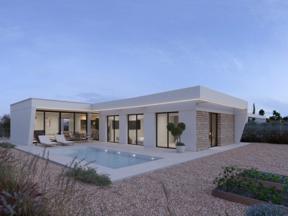 Single-storey modern villa exterior with pool, sun loungers and covered patio at dusk