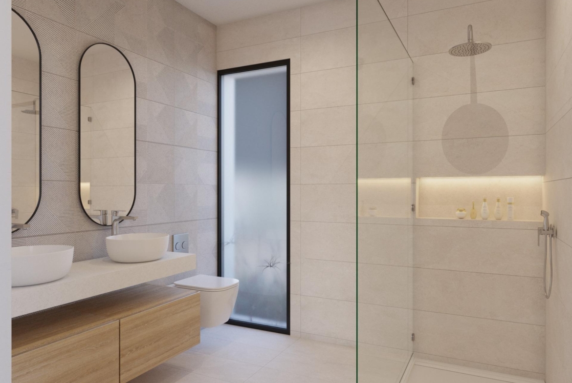 Contemporary bathroom with twin bowl basins, textured tile wall and glass walk-in shower