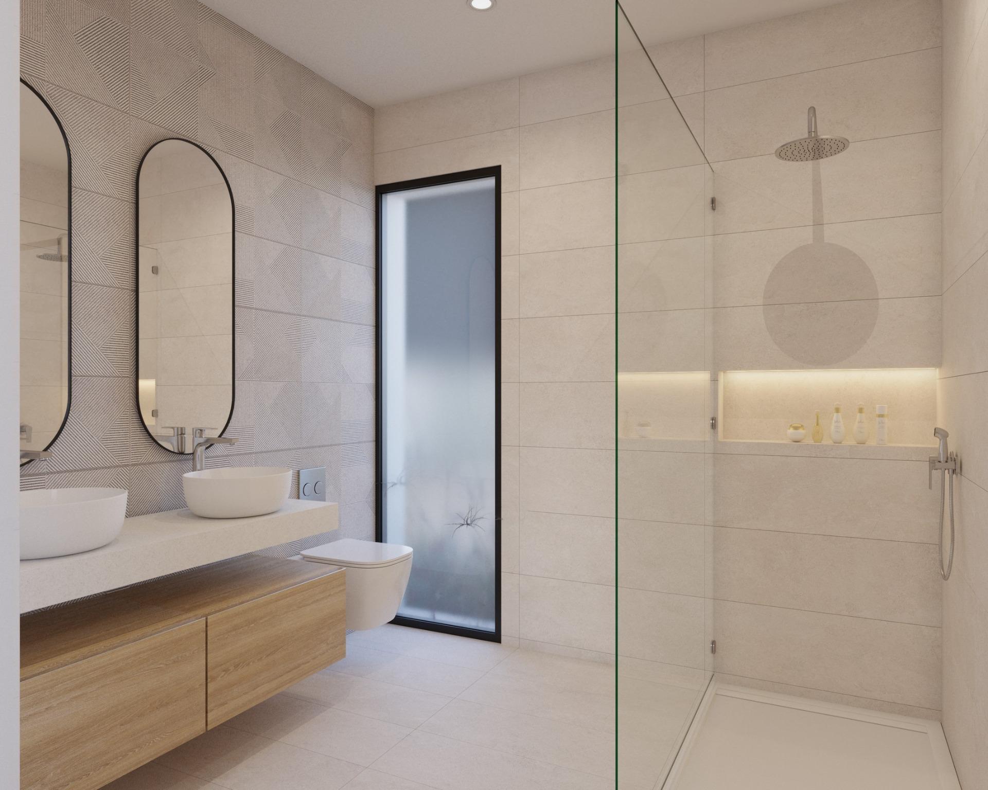 Contemporary bathroom with twin bowl basins, textured tile wall and glass walk-in shower