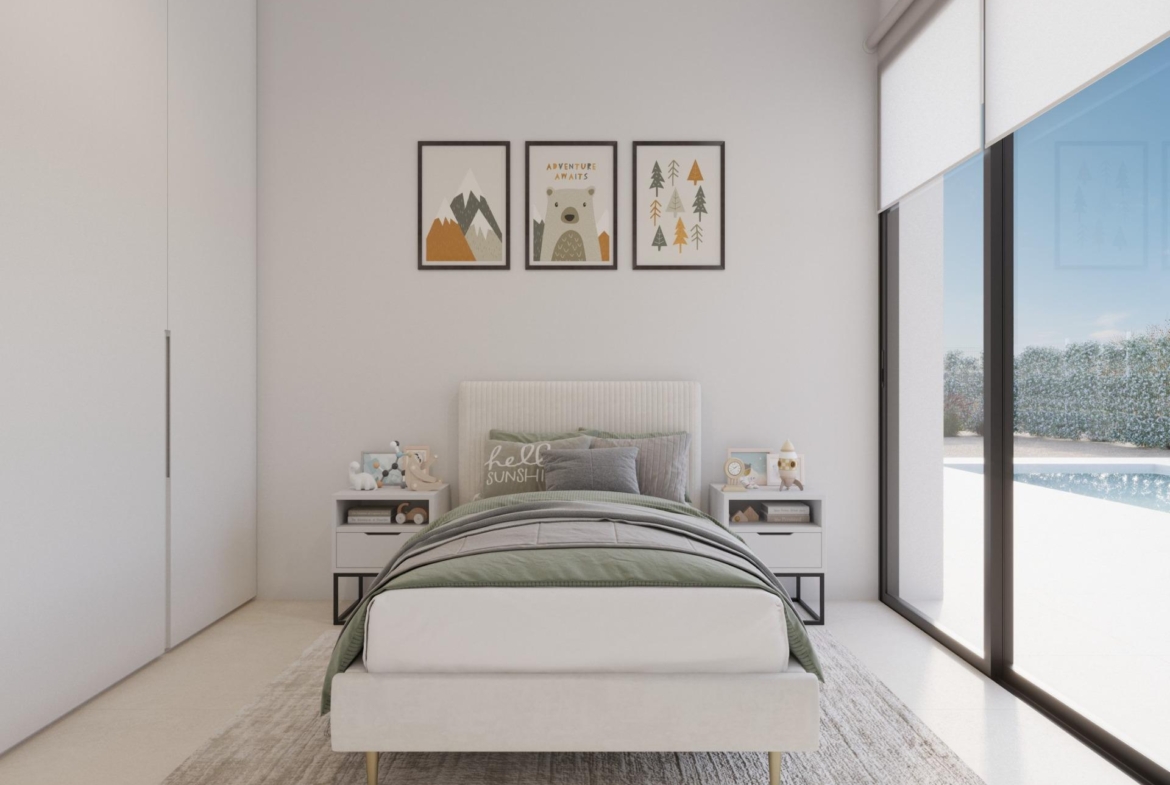 Single bed with green bedding, bedside tables and large sliding window to pool