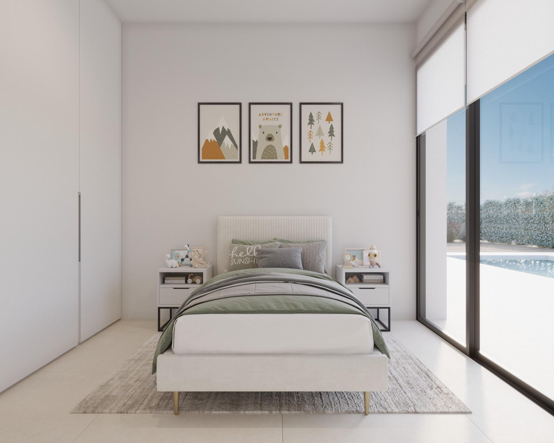 Single bed with green bedding, bedside tables and large sliding window to pool