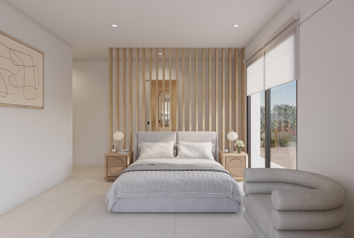 Bedroom with vertical wooden slats behind bed, nightstands and roller blinds