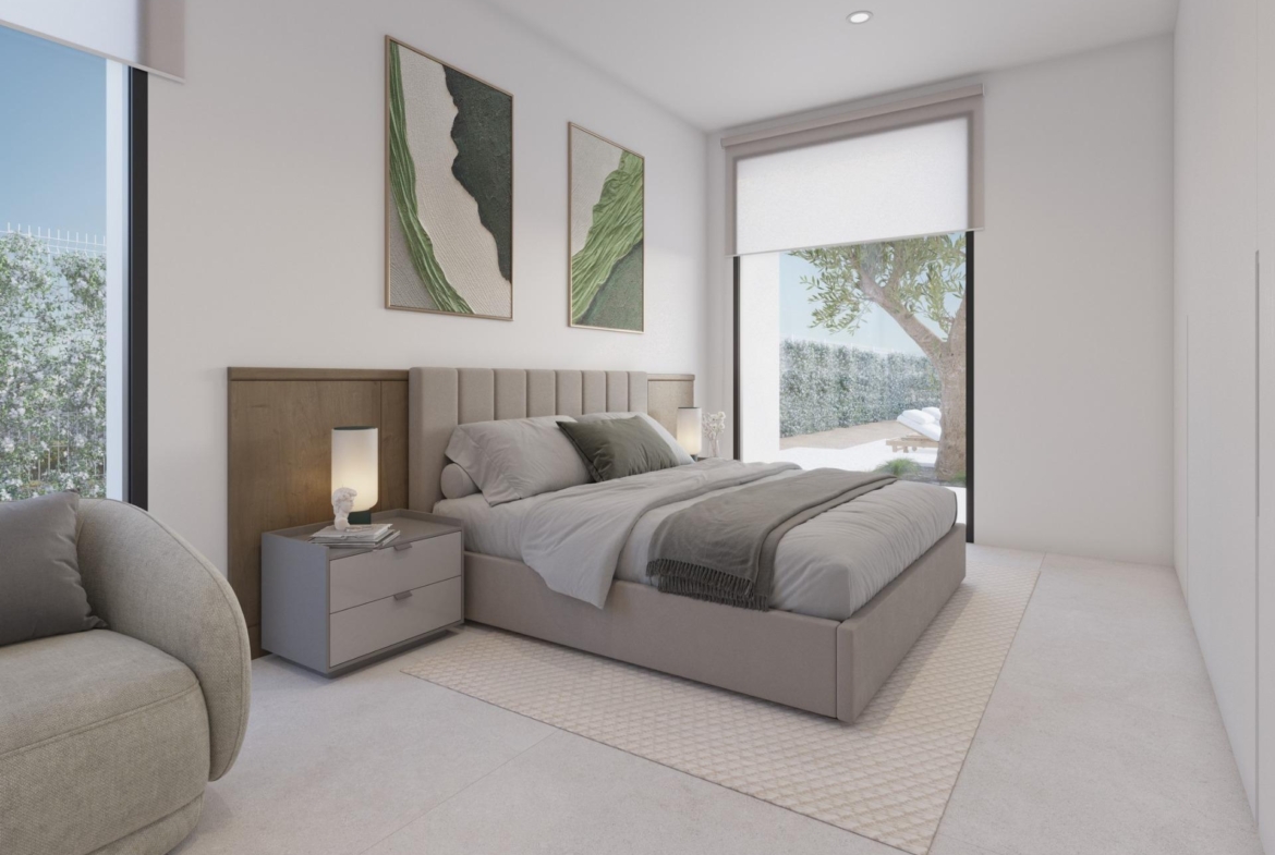 Master bedroom front view with bed, bedside tables and floor-to-ceiling sliding doors