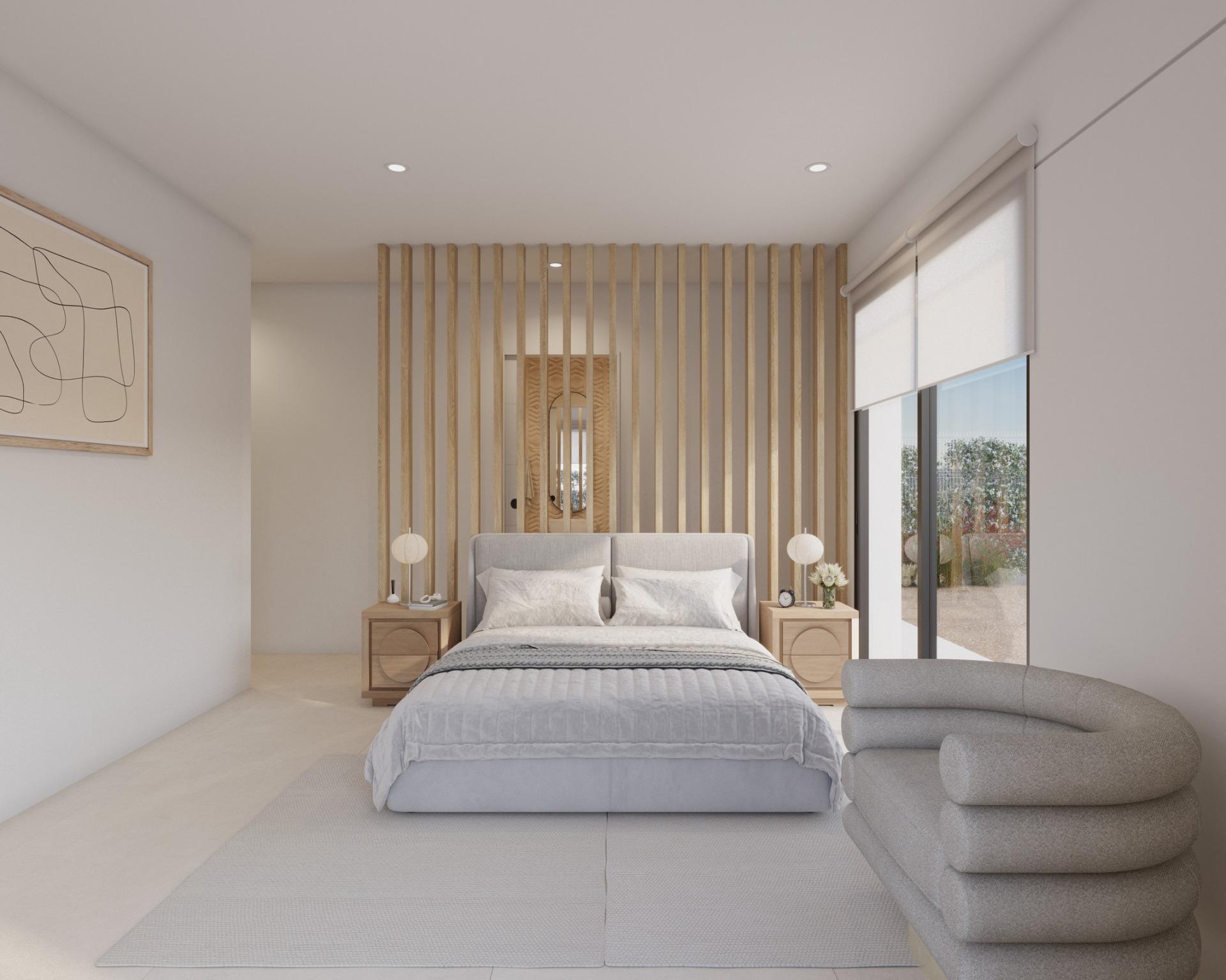 Bedroom with vertical wooden slats behind bed, nightstands and roller blinds