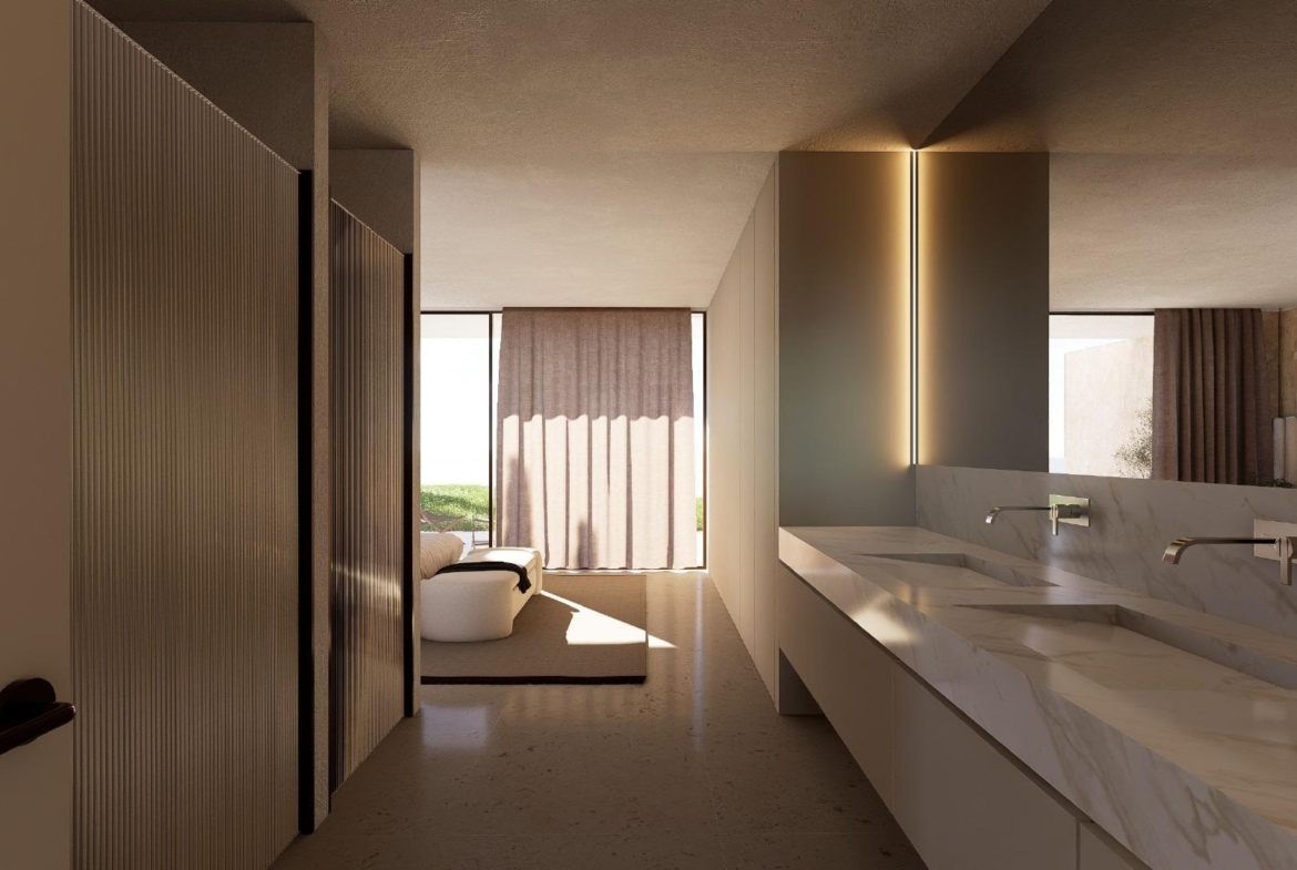 Master bedroom with padded headboard, bedside lights and sliding door to private terrace