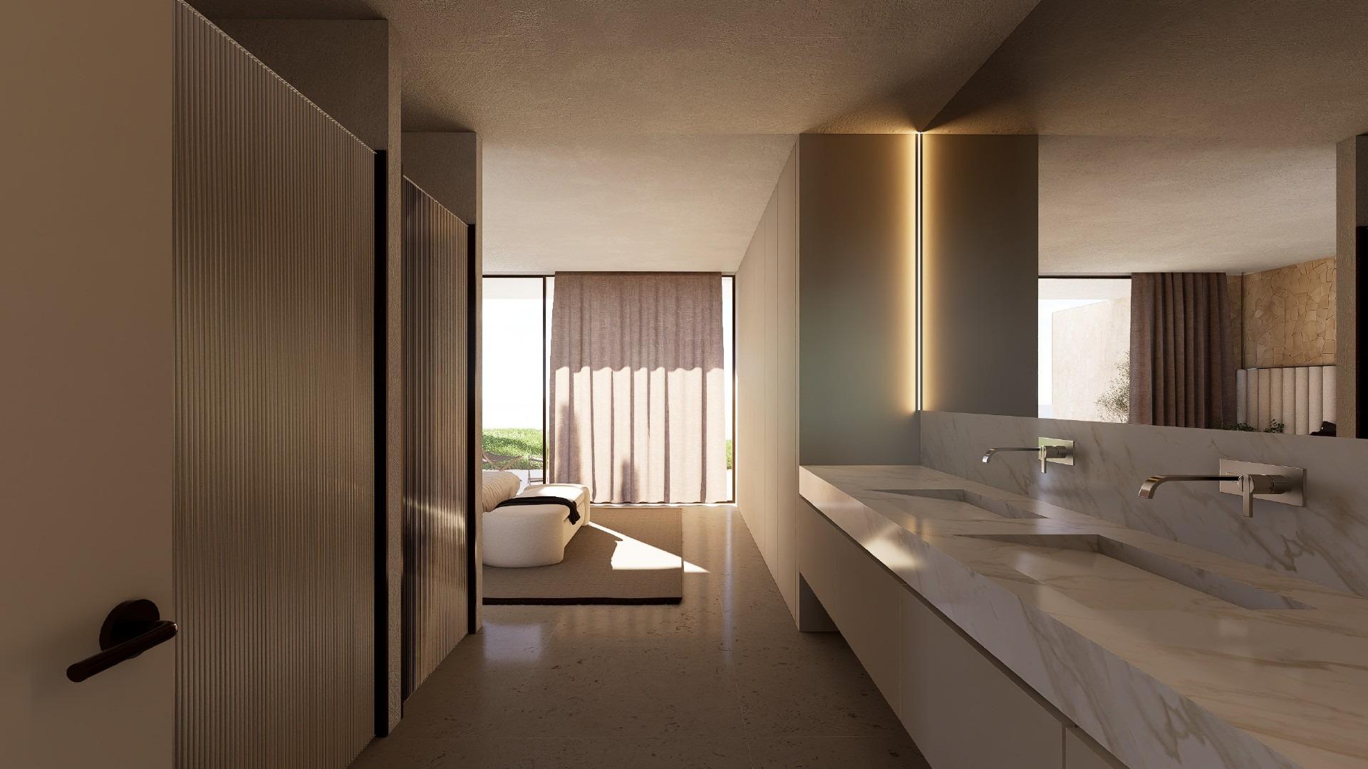 Master bedroom with padded headboard, bedside lights and sliding door to private terrace