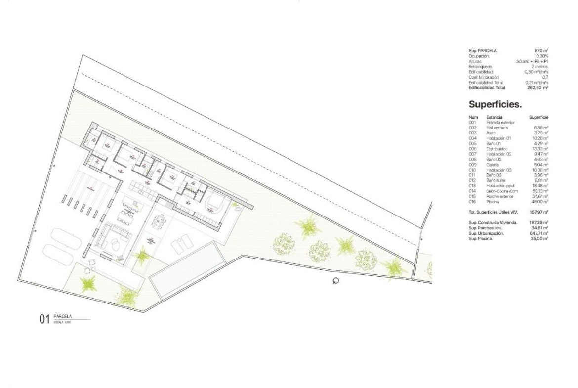 Architectural floor plan drawing showing villa layout, labelled rooms and a superficies table