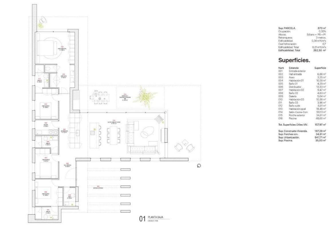 Architectural ground floor plan showing villa layout with bedrooms, living-dining area and terrace