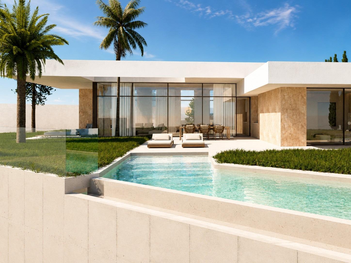 Single-level villa exterior with infinity pool, sun loungers and floor-to-ceiling windows
