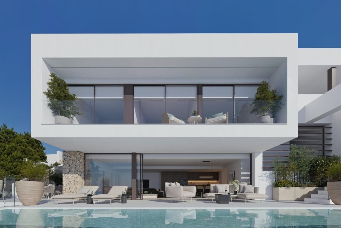 White villa facade rendering with large windows and a pool terrace in Sierra de Altea, Altea, Alicante