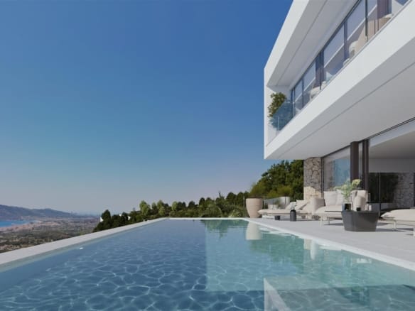 Infinity pool and white sea-facing villa rendering overlooking the Mediterranean in Sierra de Altea, Altea, Alicante