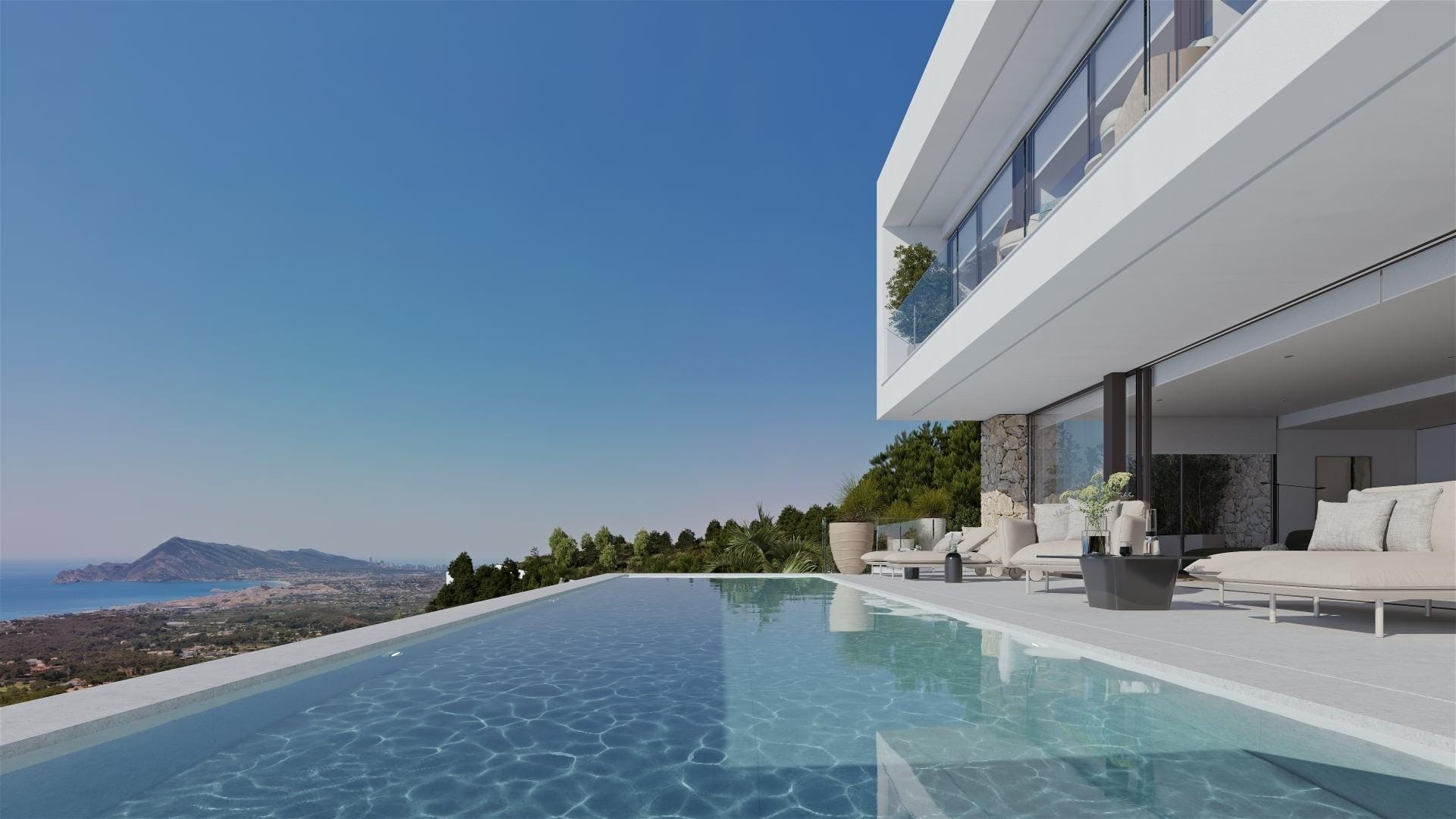 Infinity pool and white sea-facing villa rendering overlooking the Mediterranean in Sierra de Altea, Altea, Alicante