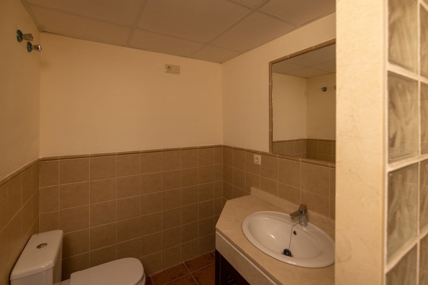Tiled bathroom with a basin, toilet and glass-block screen in Las Palas, Fuente Álamo, Murcia